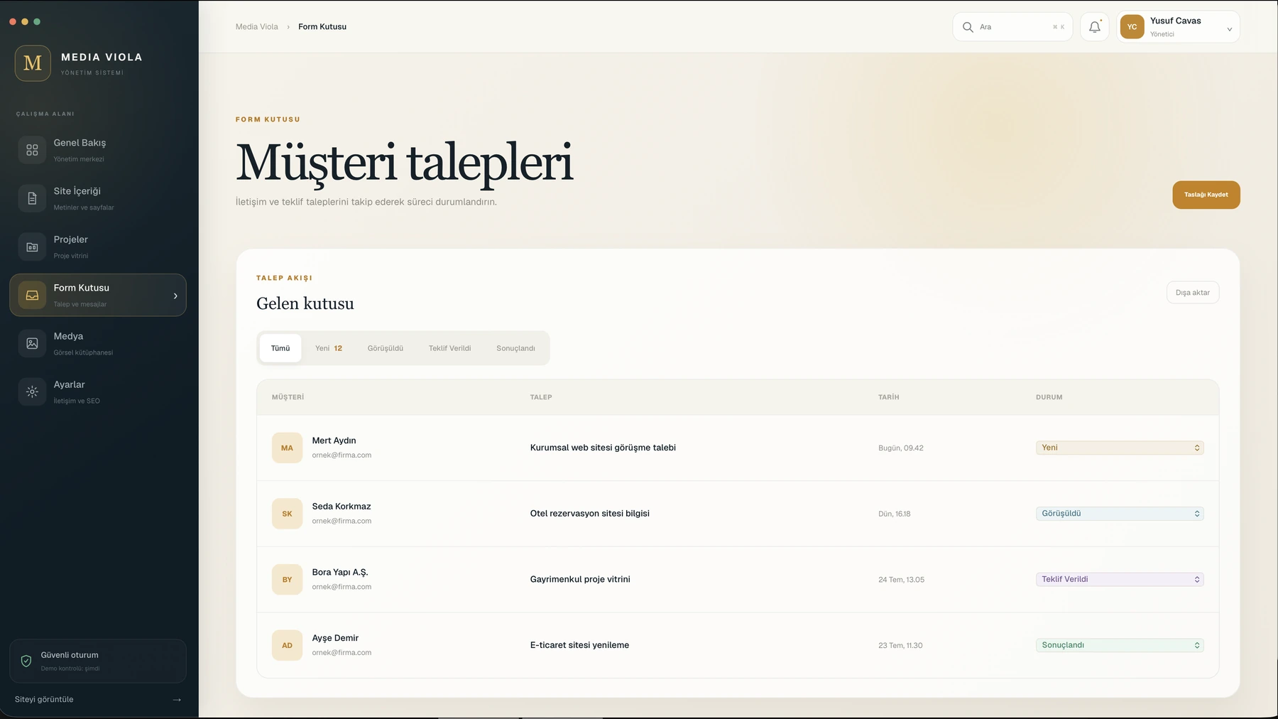 Müşteri taleplerinin yönetildiği form kutusu ekranı