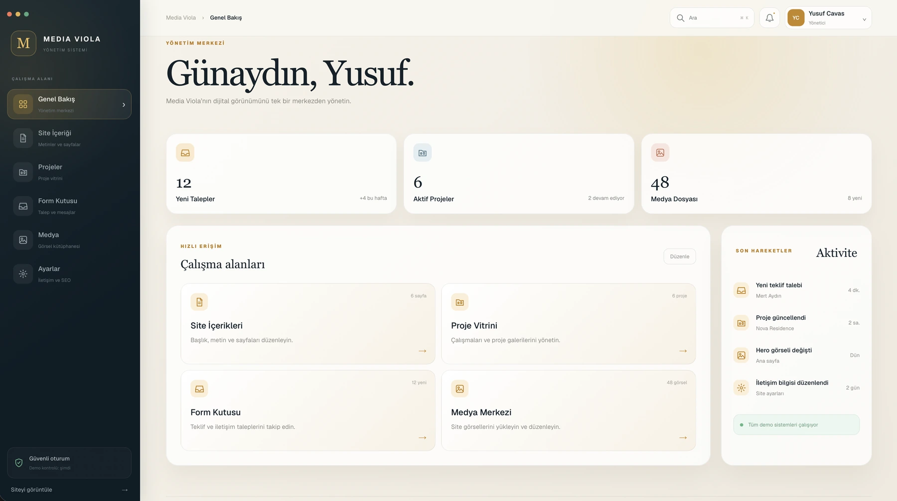 Markaya özel modern yönetim panelinin genel bakış ekranı