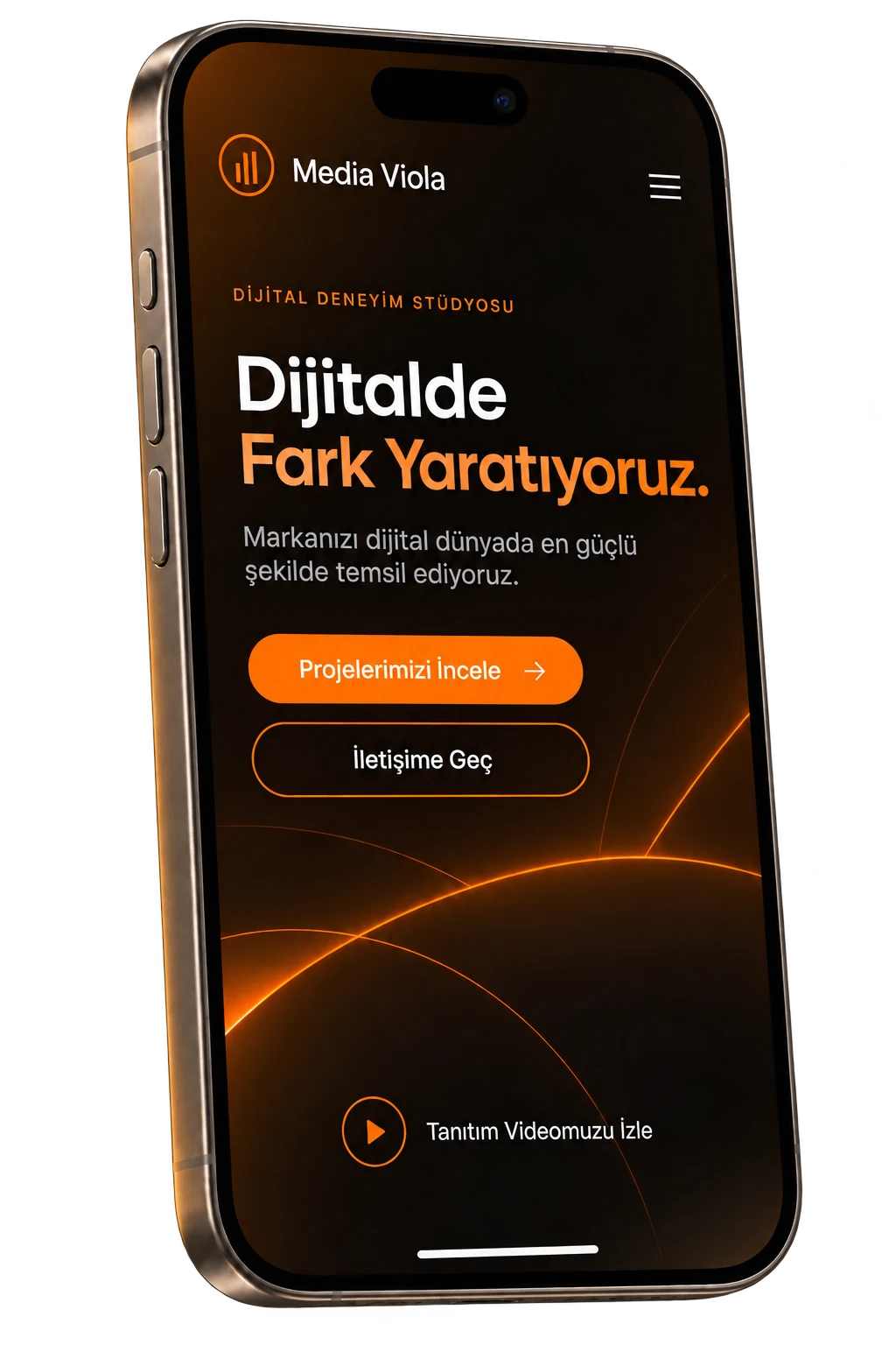 Media Viola arayüzünü gösteren, hafif yana dönük titanyum iPhone